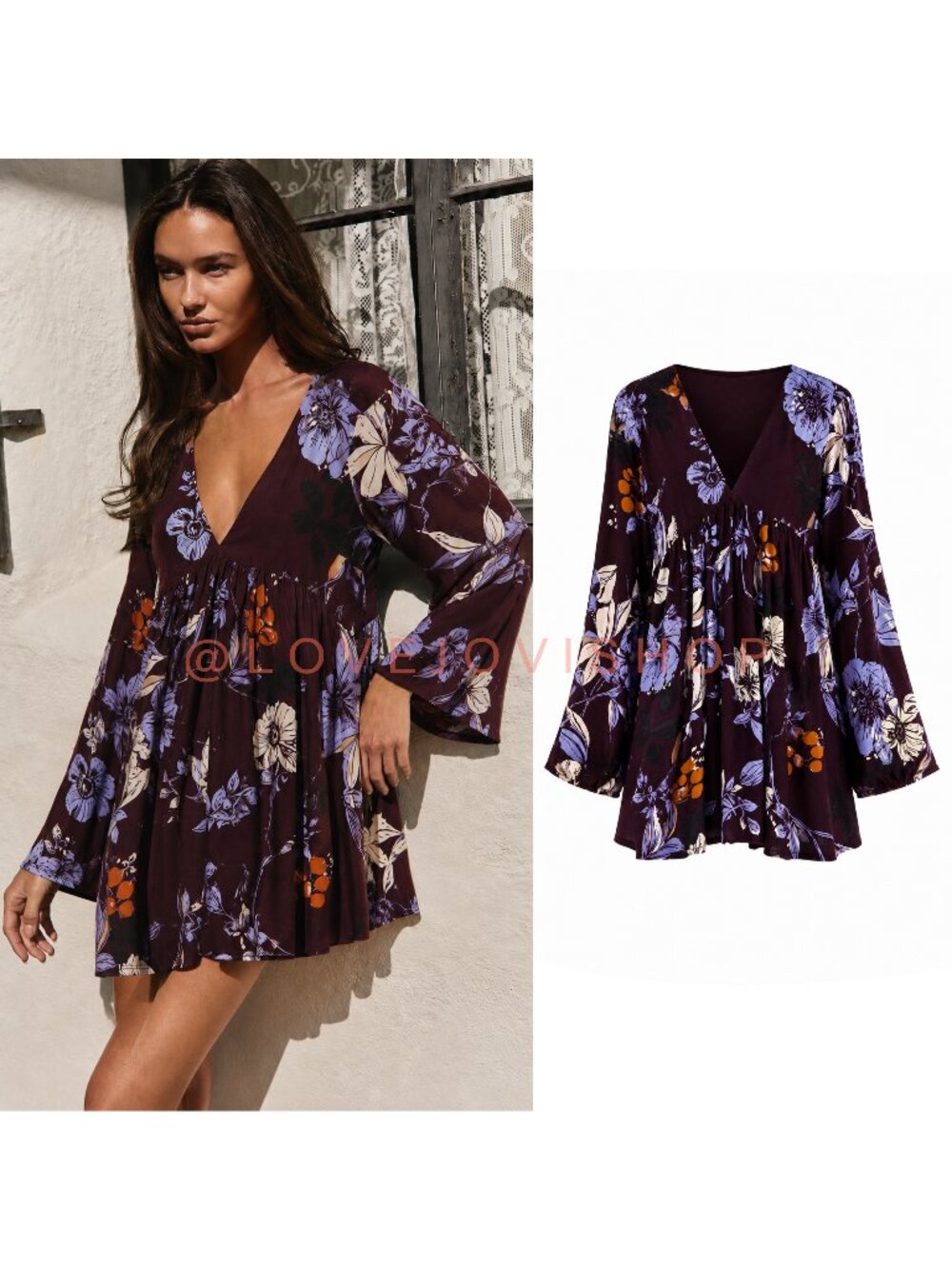 Bohemian Coastal | Free People Burgundy V Neck Mini Dress | Bell Sleeves | XS